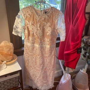 Lulus White Lace dress lined with beige background